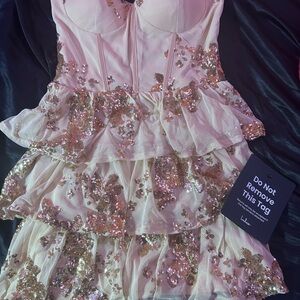 Lulus Definite Glamour Gold Mesh Sequin Bustier Tiered Mini Dress - Size S